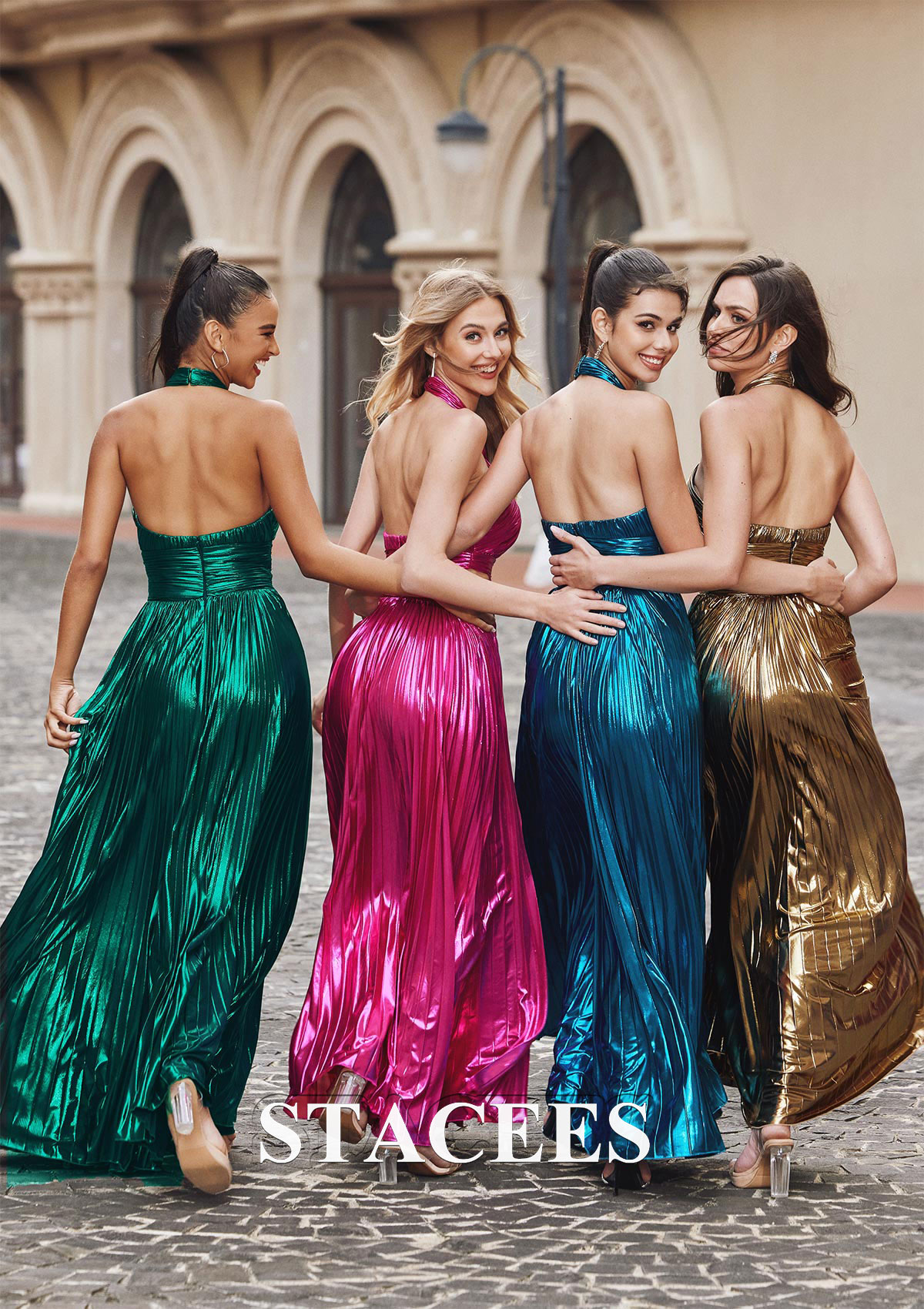 Verde Oscuro Vestido línea a cuello halter metálico hasta el suelo vestido de graduación - STACEES