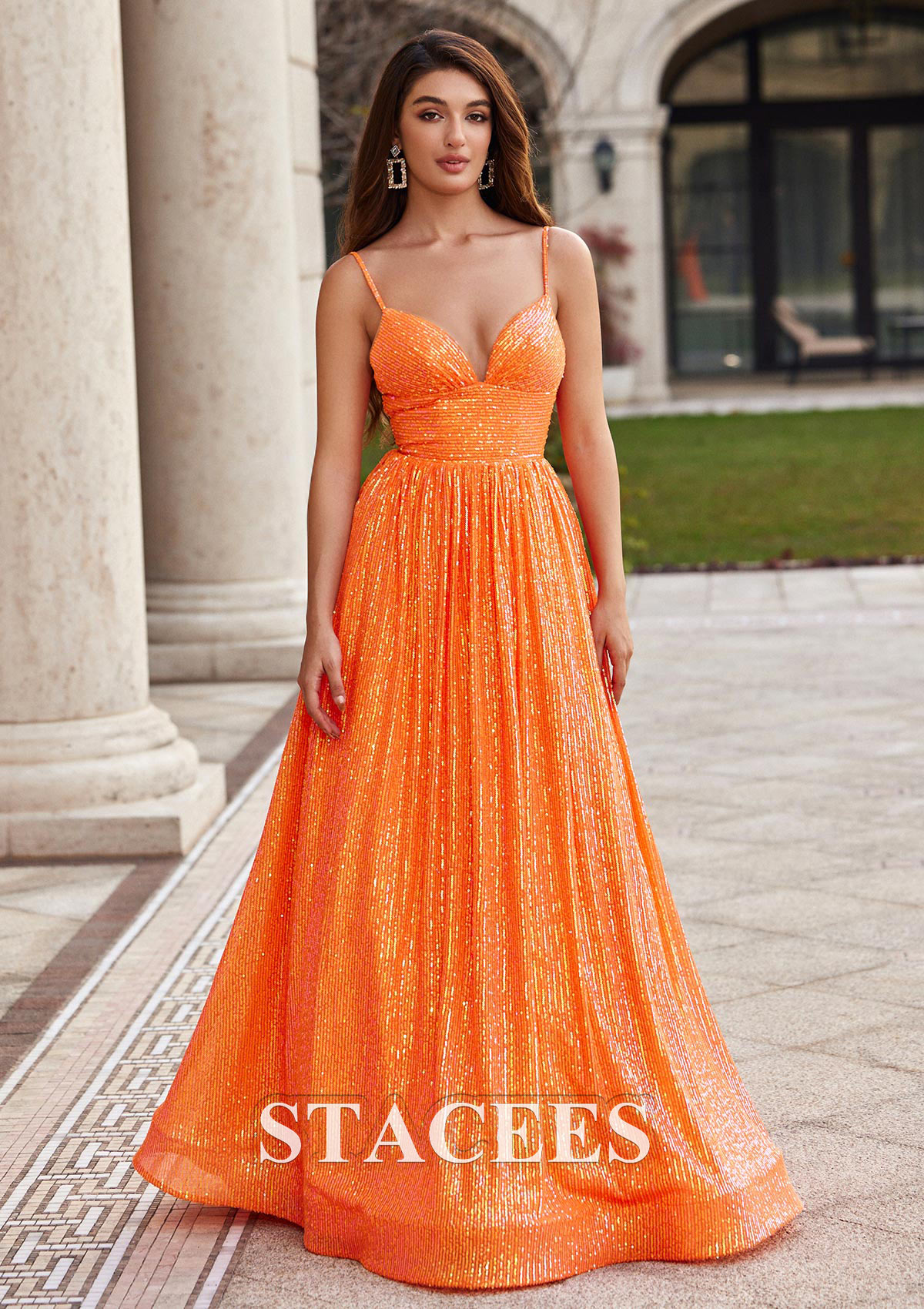 Orange Robe trapèze princesse col en v paillettes ras du sol robe de bal - STACEES