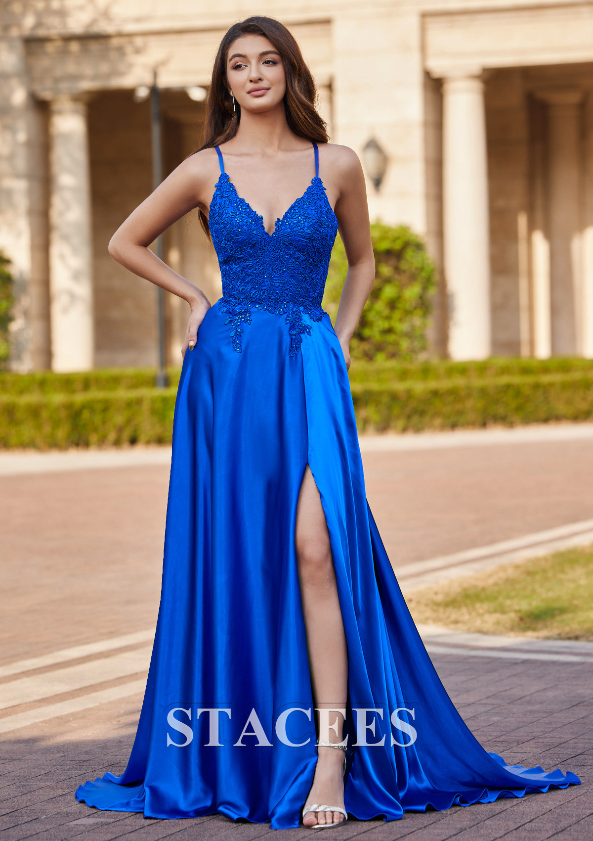 Royal Blue A-line V Neck Sweep Train Charmeuse Prom Dress with Appliqued Pockets Sequins - STACEES