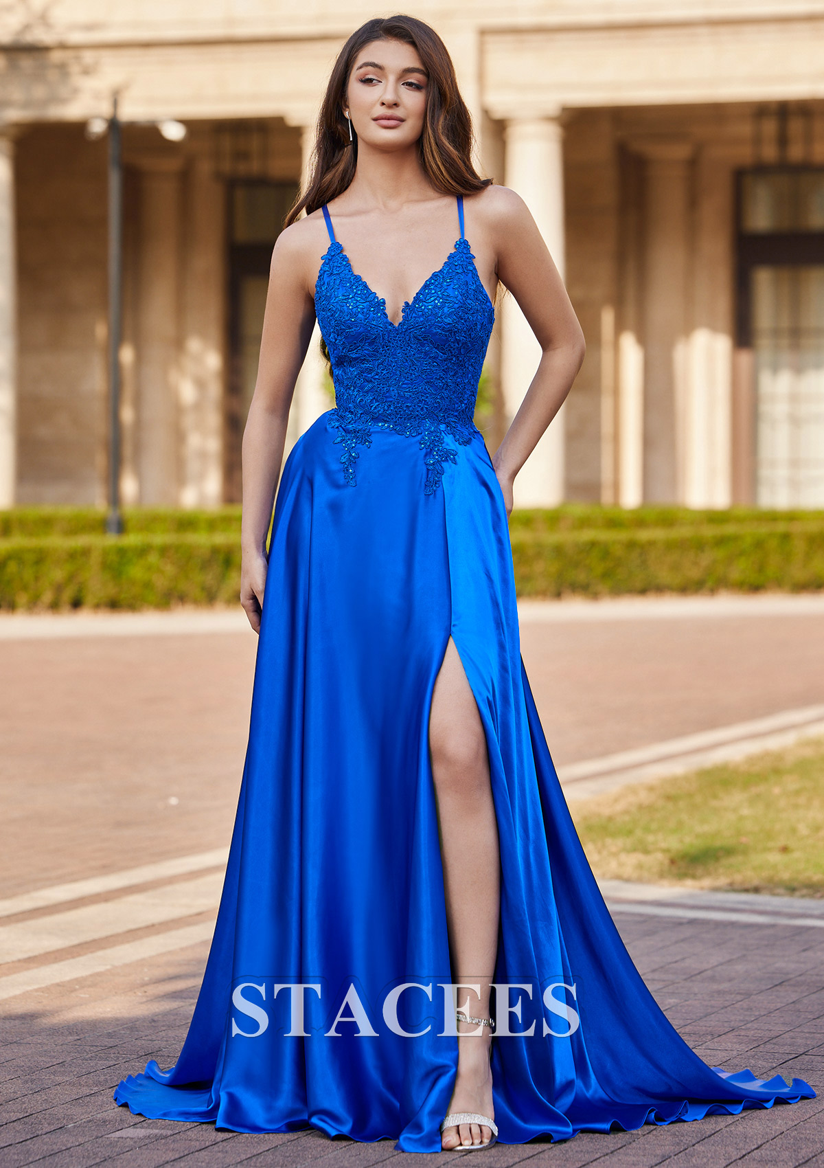 Royal Blue A-line V Neck Sweep Train Charmeuse Prom Dress with Appliqued Pockets Sequins - STACEES