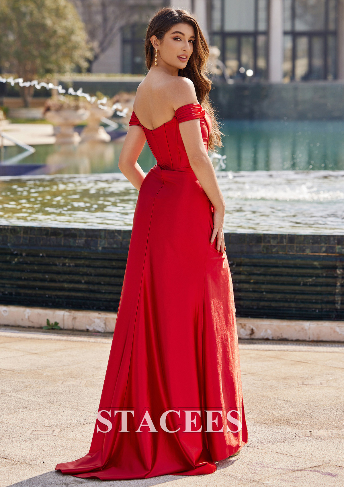 Red Sheath/Column Off-the-Shoulder Sweep Train Silk like Satin Prom Dress with Pleated Split - STACEES