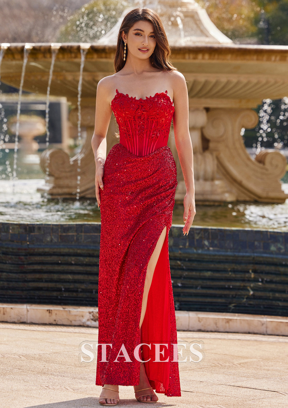 Red Sheath/Column Sweetheart Floor-Length Sequined Prom Dress with Appliqued Split - STACEES
