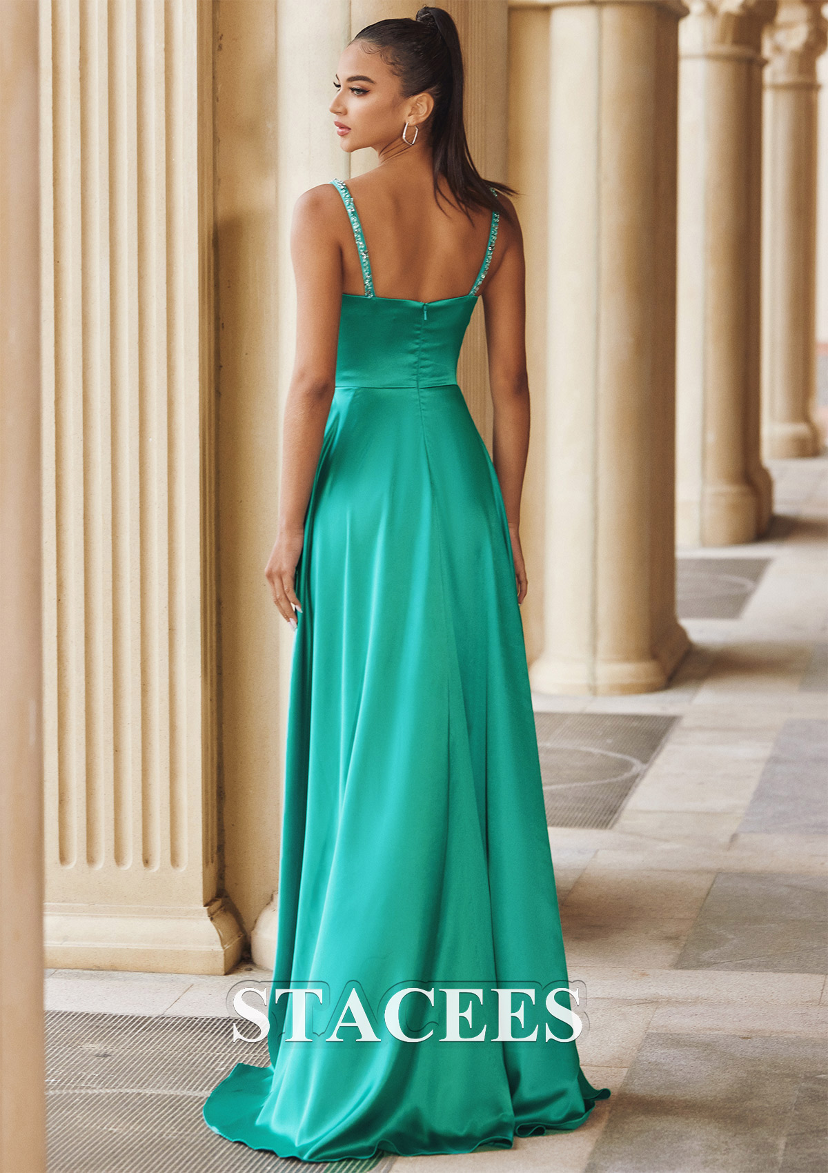 As Picture Sheath/Column V Neck Sleeveless Sweep Train Satin Prom Dress with Split Beading Pleated Side Draping - STACEES