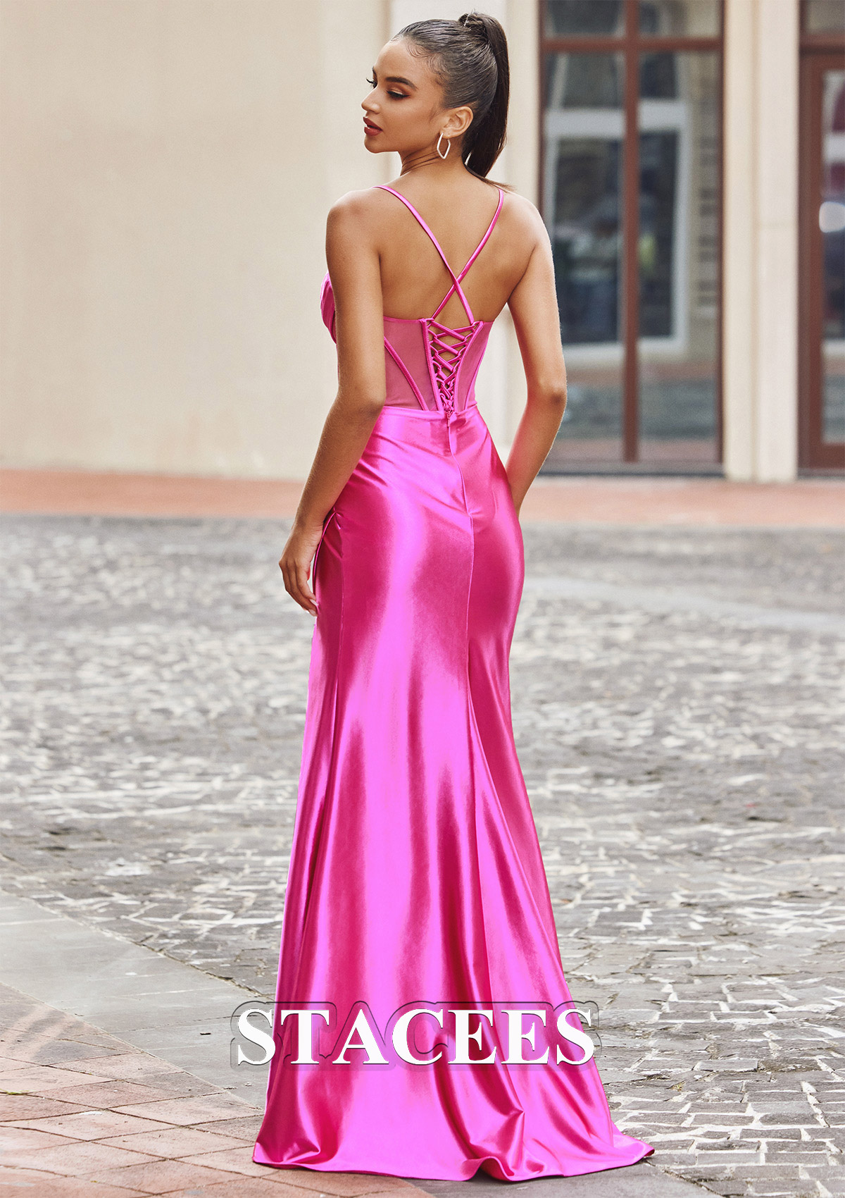 Fuchsia Trumpet/Mermaid Cowl Neck Sleeveless Sweep Train Silk like Satin Prom Dress with Beading Pleated Split - STACEES