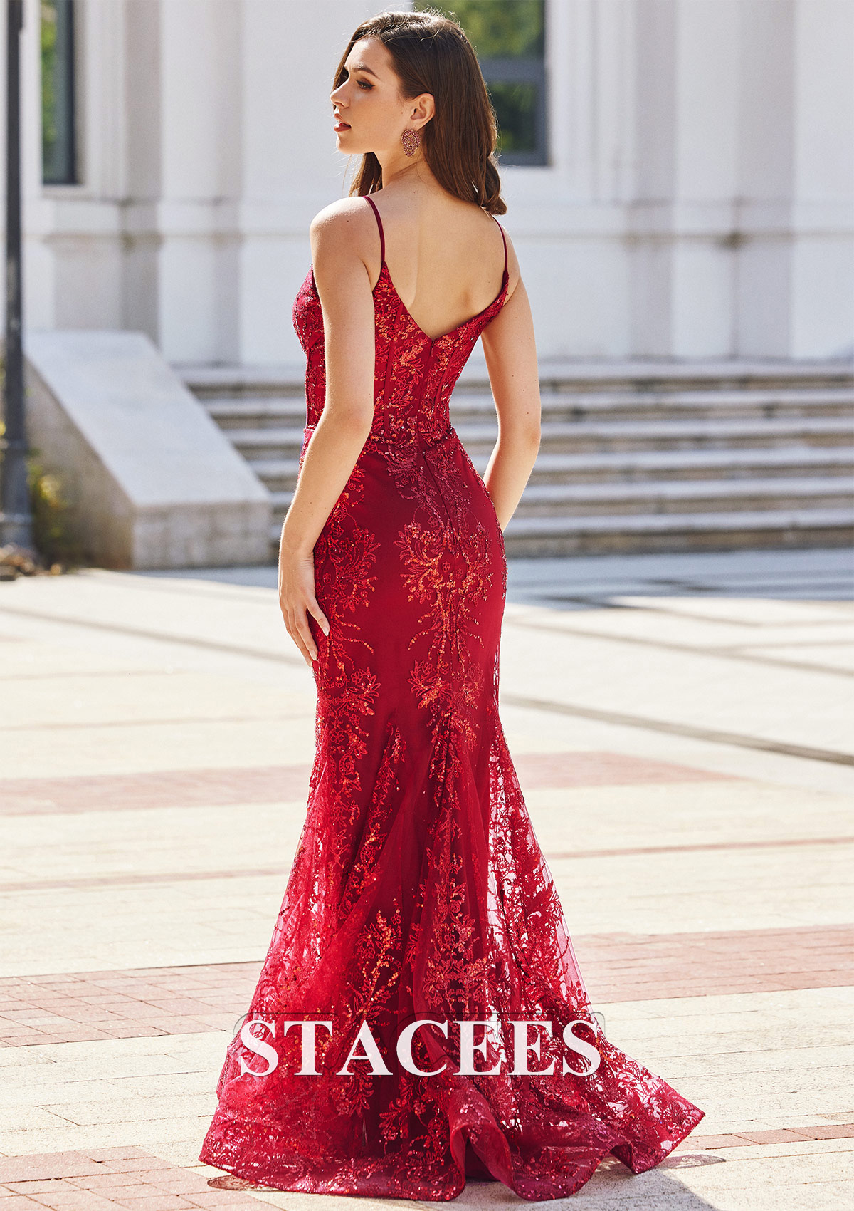 Bordeaux Trumpette/Sirène col en v glitter traîne balayage robe de bal - STACEES
