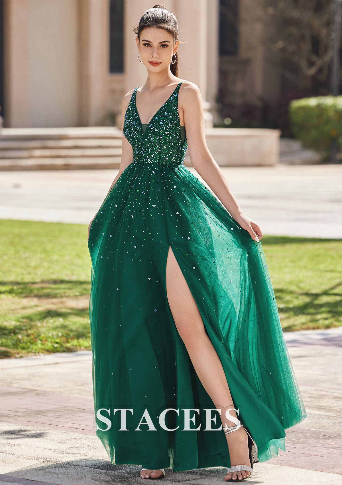 Vert Foncé Trapèze robe princesse col en v tulle ras du sol robe de bal - STACEES