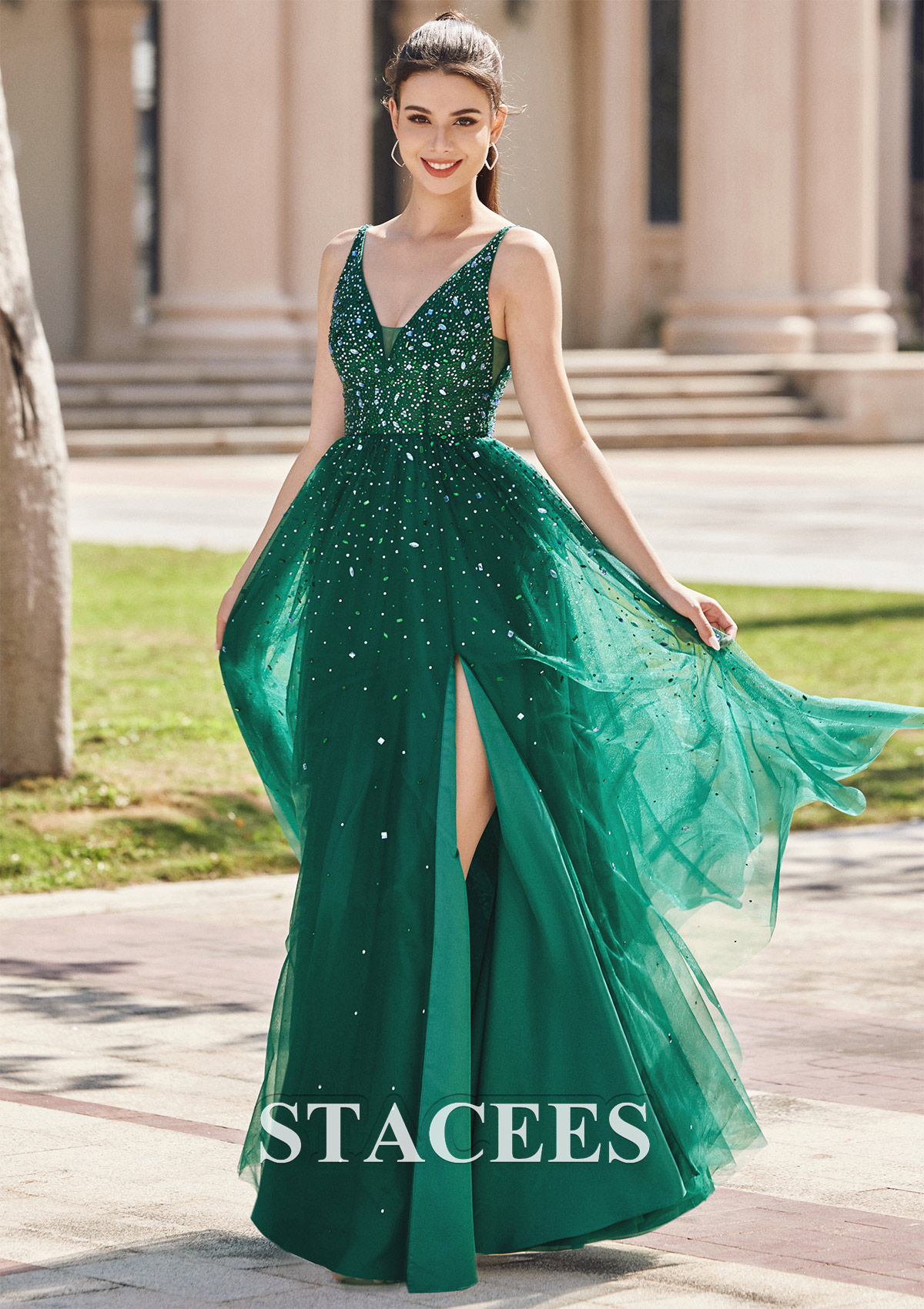Vert Foncé Trapèze robe princesse col en v tulle ras du sol robe de bal - STACEES