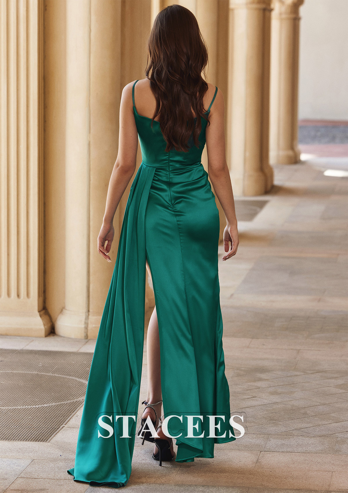 Sarcelle Fourreau col en v satin ras du sol robe de bal  - STACEES