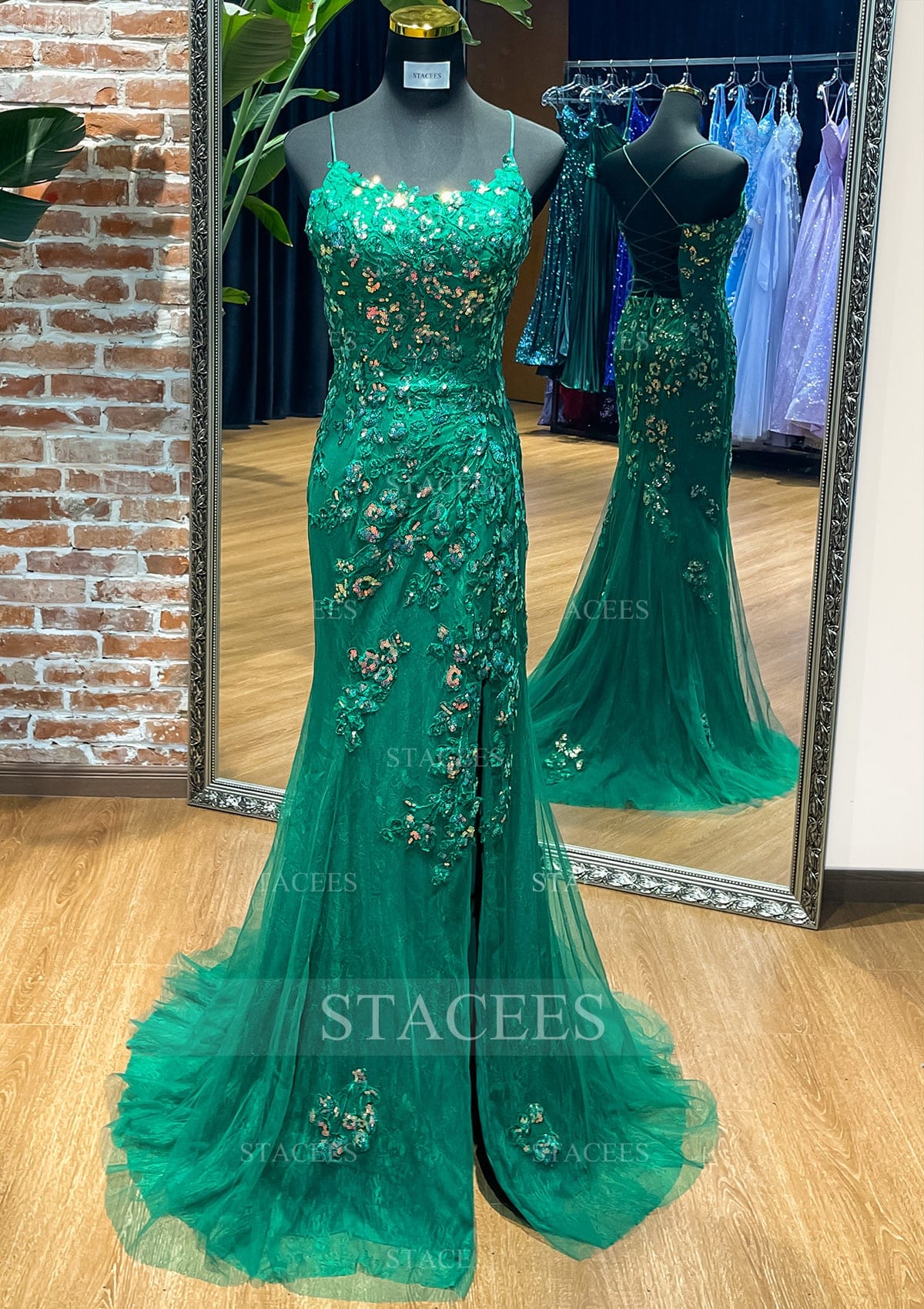 Vert Foncé Trumpette/Sirène carrée tulle traîne balayage robe de bal - STACEES