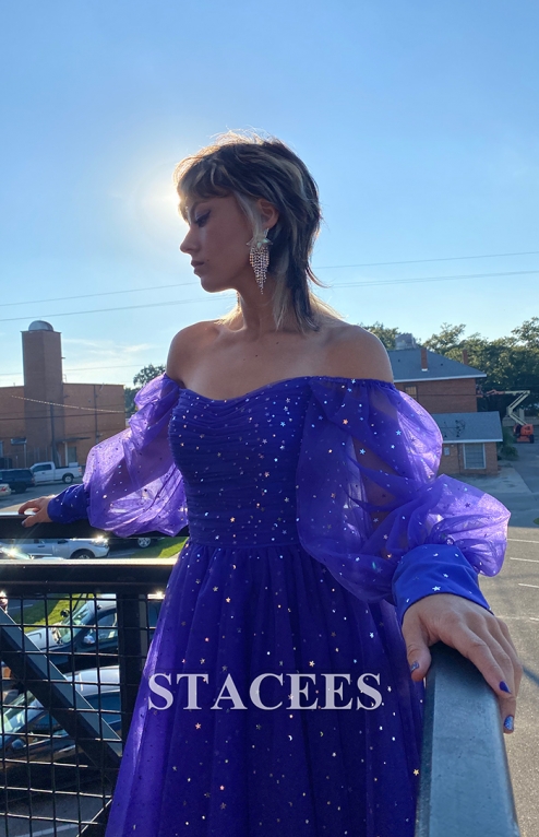long puffy homecoming dresses A-line Princess Off-the-Shoulder Full/Long Sleeve Short/Mini Tulle Dress with Pleated Sequins S7305H - Homecoming poofy prom dresses