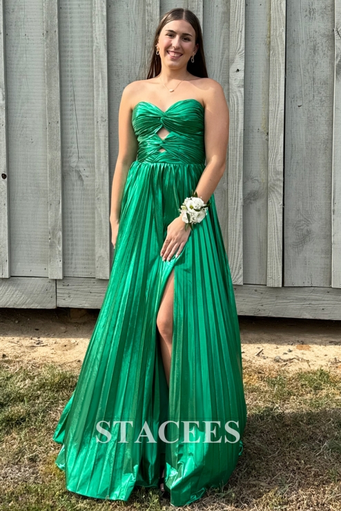 strapless keyhole metallic pleated a-line prom dress with slit Strapless Beaded Gown with Keyhole Bodice D5716