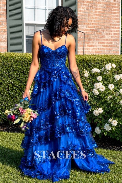 a-line corset tiered ruffle slit prom dress with appliqued sequins Stacees 2026 A-line Corset Tiered Slit Prom Dress with Applique Sequins