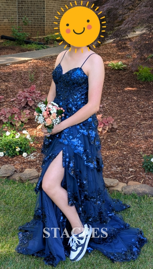 a-line corset tiered ruffle slit prom dress with appliqued sequins A-line Tiered Ruffle Tulle Slit Prom Dress with Illusion Embroidered Corset  S8994P - Prom Dresses